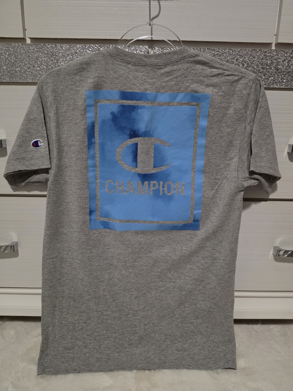 Champion Women's Gray Short Sleeve Tee with Blue Logo Square